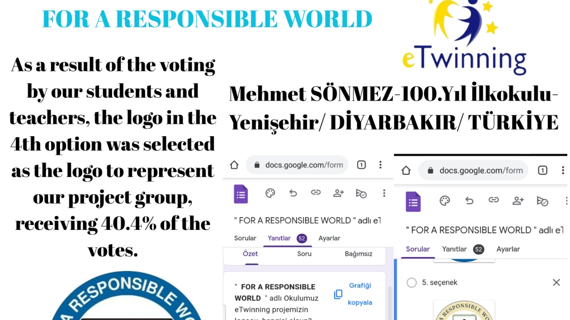 Okul Müdürümüz Mehmet SÖNMEZ tarafından yürütücülüğü yapılan FOR A RESPONSIBLE WORLD adlı eTwinning projemizde öğrencilerimiz proje grubumuzu temsil edecek logoyu seçtiler