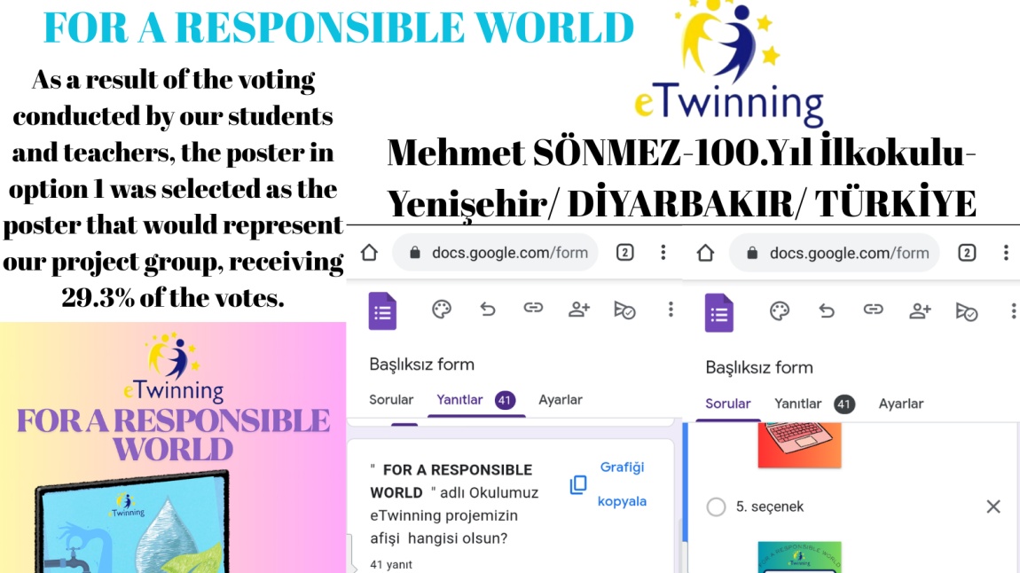 Okul Müdürümüz Mehmet SÖNMEZ tarafından yürütücülüğü yapılan FOR A RESPONSIBLE WORLD adlı eTwinning projemizde öğrencilerimiz proje grubumuzu temsil edecek afişi seçtiler