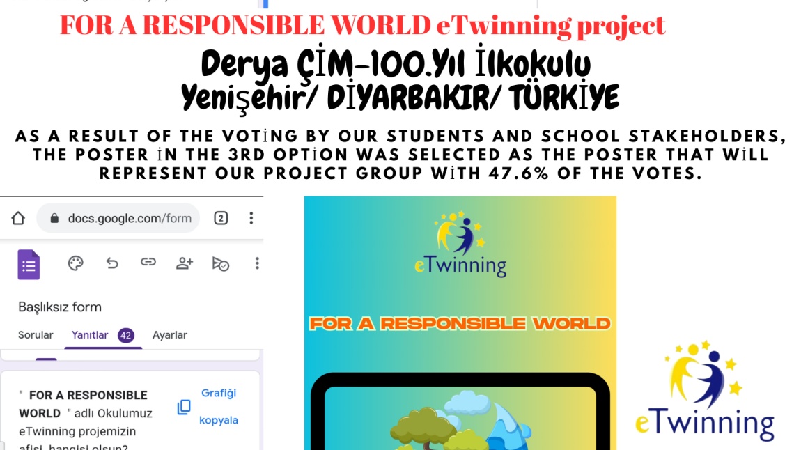 Rehber Öğretmenimiz Derya ÇİM'in kuruculuğunu ve yürütücülüğünü yaptığı FOR A RESPONSIBLE WORLD adlı eTwinning projemizde öğrencilerimiz ve öğretmenlerimiz proje grubumuzu temsil edecek afişi seçtiler